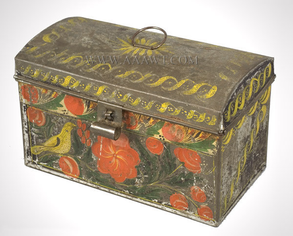Antique Toleware Box, Painted Tin Trunk,
Paddle Tail Bird, 19th Century
Oliver Filley's Shop, Connecticut, 19th Century, angle view 2